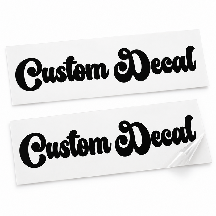 Two matching black Custom Decal vinyl stickers in flowing retro script lettering on backing sheets against white.