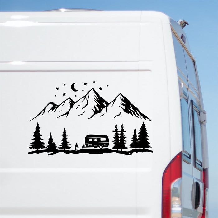 Camping Forest Mountain Scene Sticker – decal shown on a white campervan