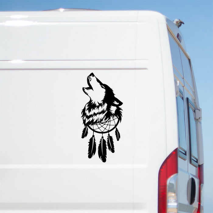 Howling Wolf Dreamcatcher Sticker – decal shown on a white campervan