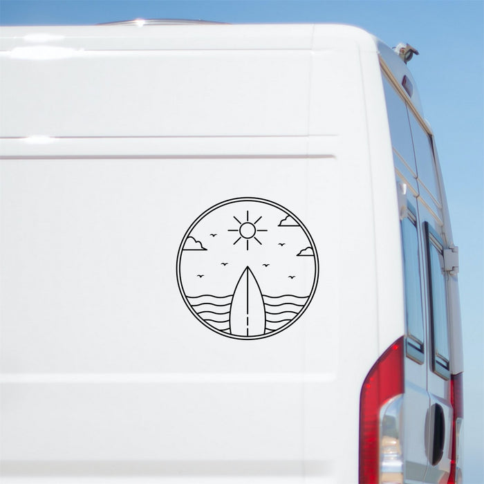 Surf Surfing Surfboard Sticker – decal shown on a white campervan