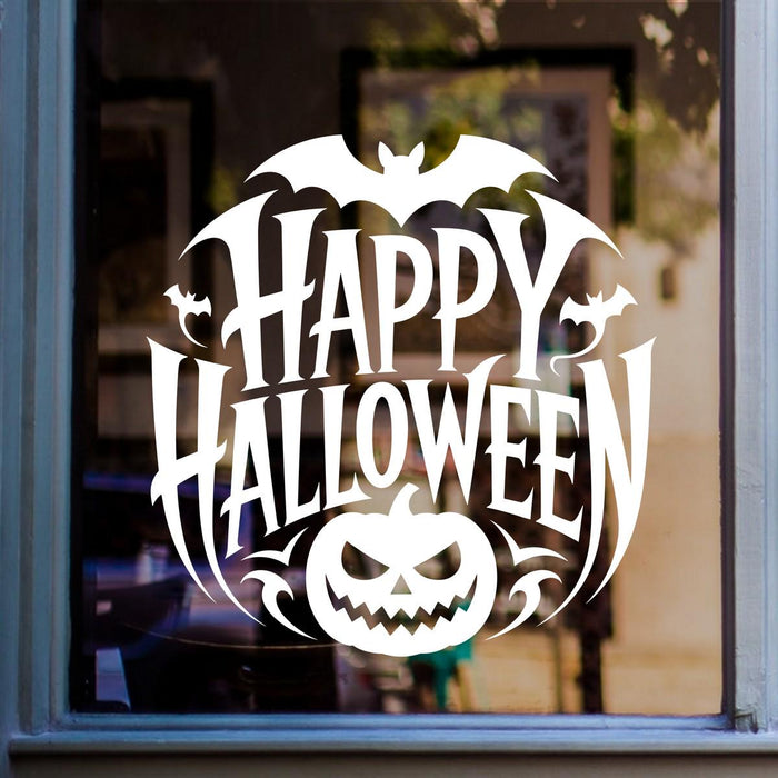 Happy Halloween Large Bat & Pumpkin Window Sticker: white vinyl design on a blue-framed glass door