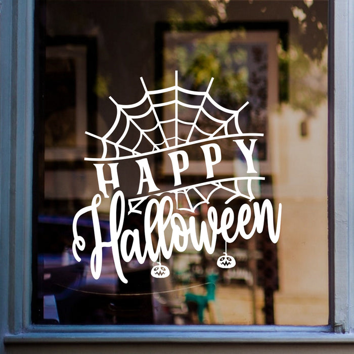 Happy Halloween cobweb window sticker displayed on glass