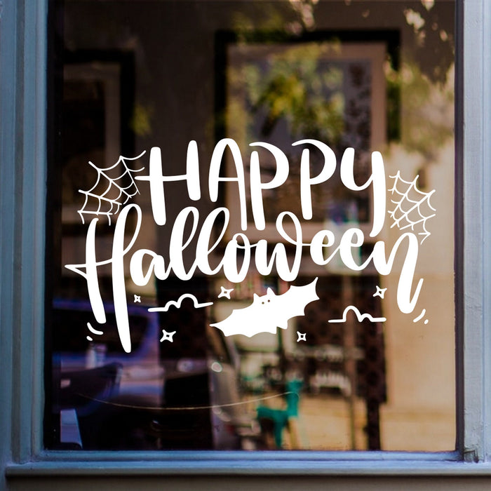Happy Halloween Cobweb & Bats Window Sticker shown on a shop window