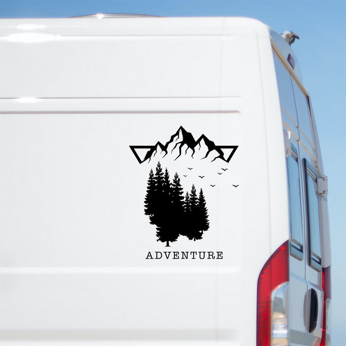Adventure Forest Mountain Large Camper Van Caravan Sticker – decal shown on a white campervan
