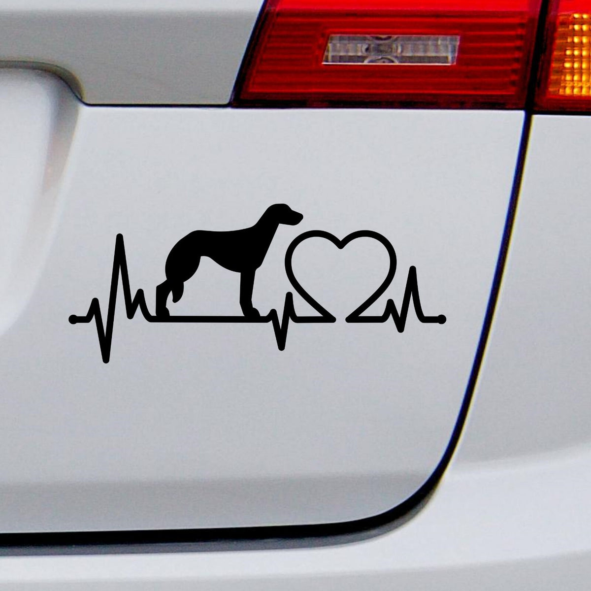 Saluki Heartbeat dog vinyl decal shown on a vehicle.