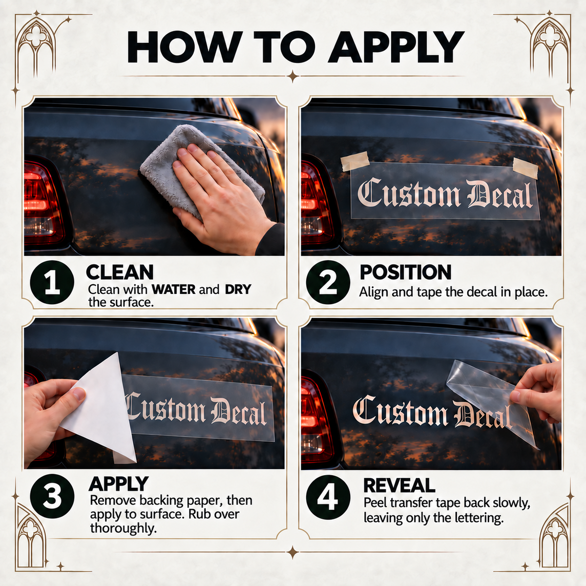 Four-step Old English decal fitting guide showing cleaning, positioning, removing backing paper and peeling transfer tape back.