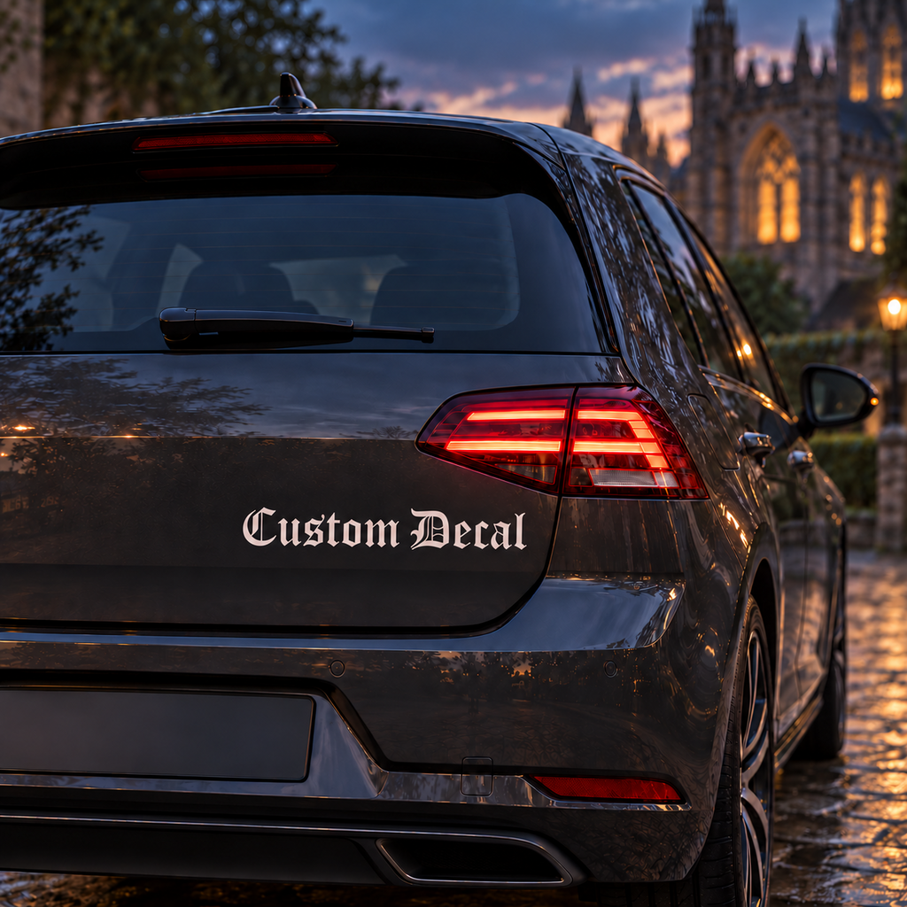 Light-coloured Custom Decal Old English blackletter applied to the rear bodywork of a dark hatchback near a cathedral.