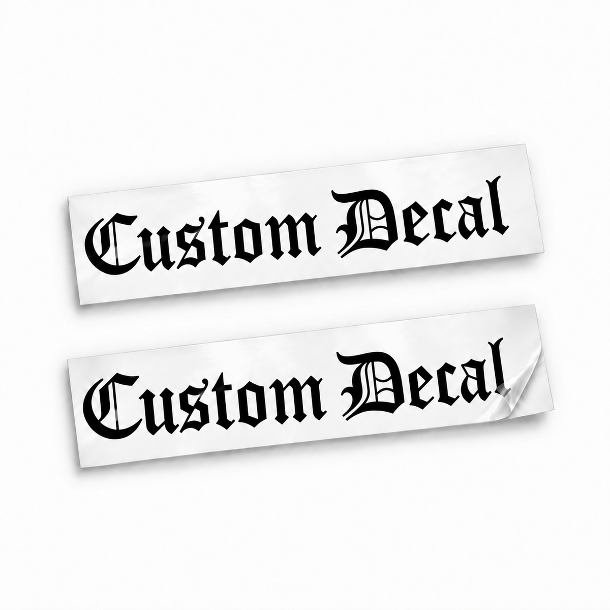 Two matching black Custom Decal vinyl stickers in ornate Old English blackletter on backing sheets against white.