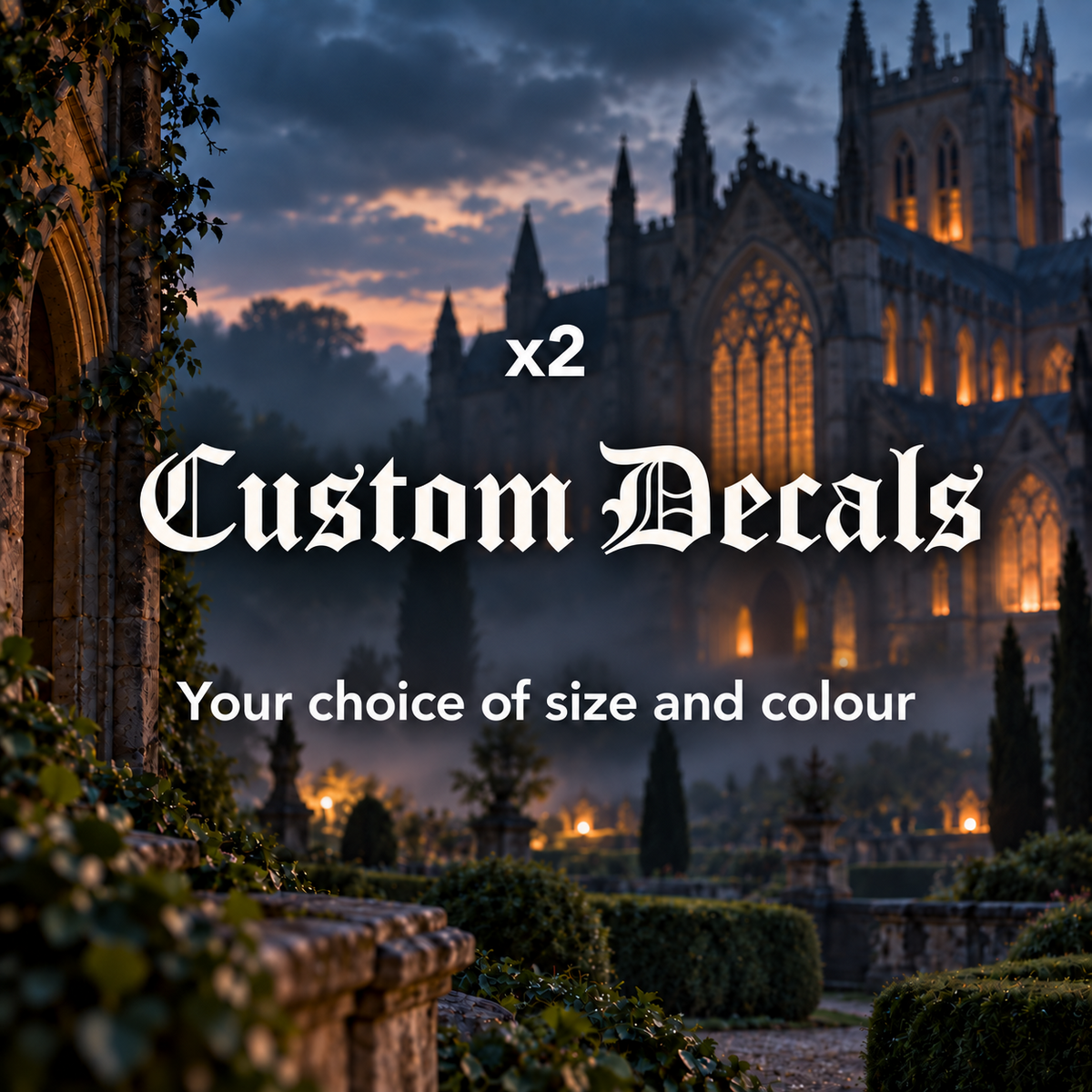 White Old English blackletter advertising two custom decals in your choice of size and colour over a cathedral at dusk.