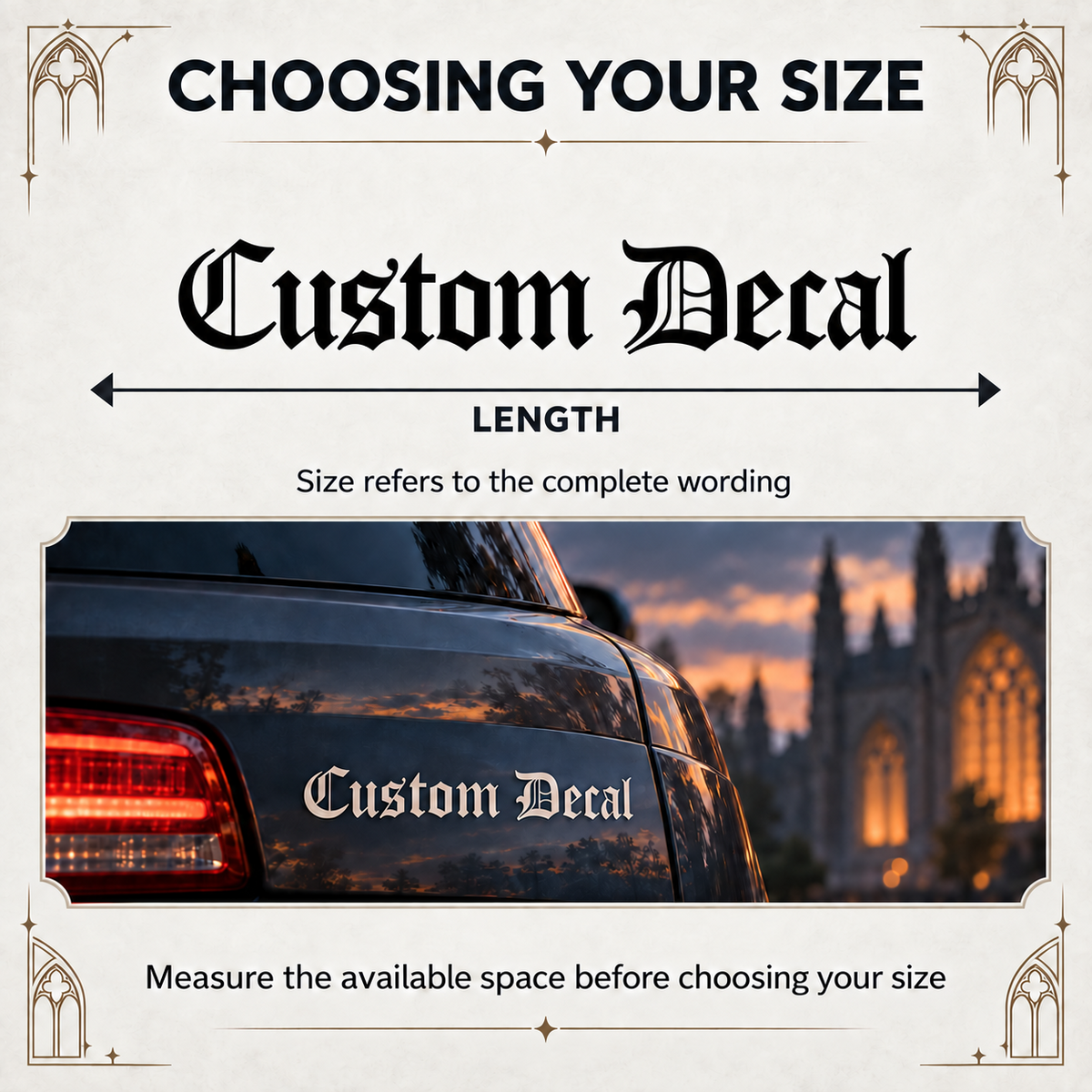 Old English decal size guide showing the complete wording length with a dimension arrow and lettering on a dark car.