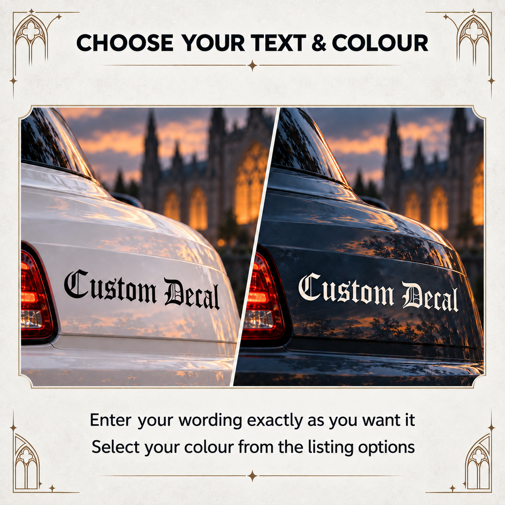 Black Old English lettering on a silver car and light lettering on a dark car illustrating custom text and colour choices.