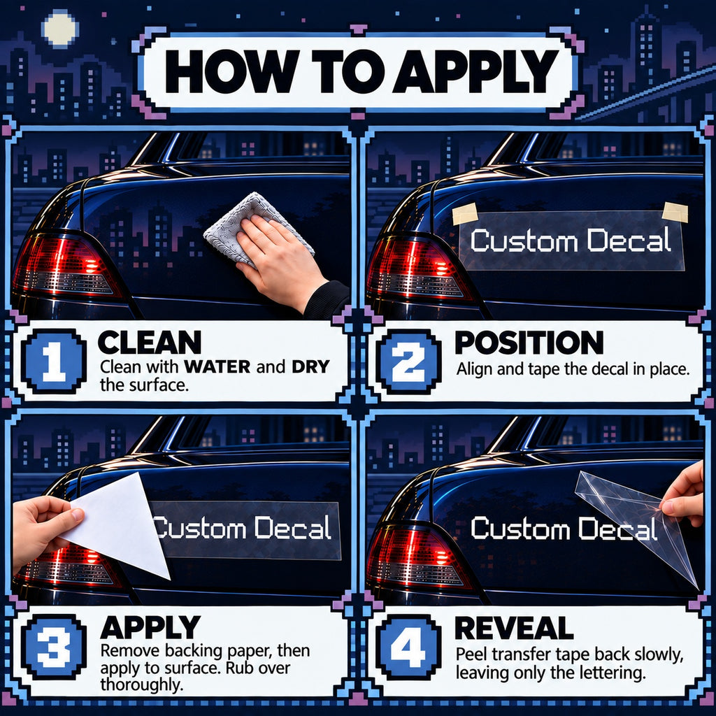 Four-step vinyl decal application guide showing cleaning, positioning, removing backing and applying, then peeling transfer tape back.