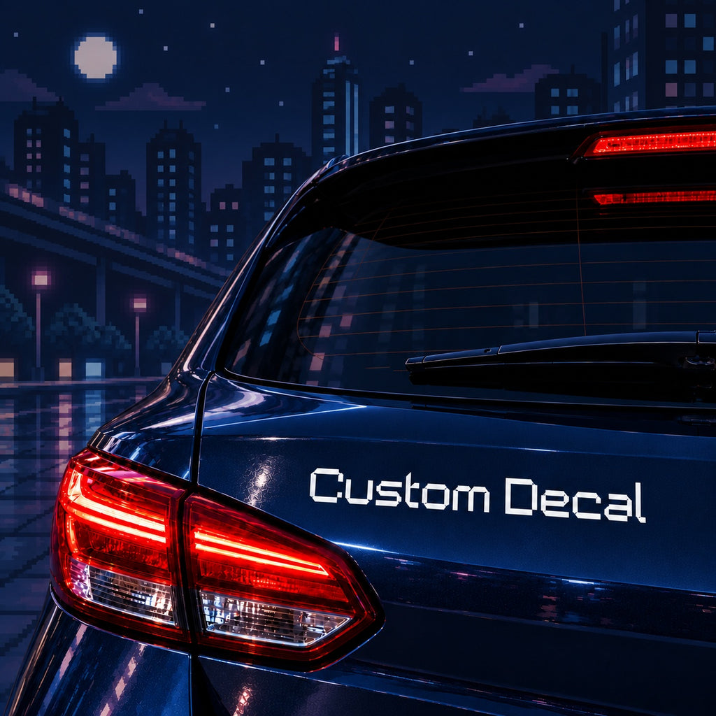 White Custom Decal lettering in an angular digital style applied to the rear of a navy car against a pixel art skyline.