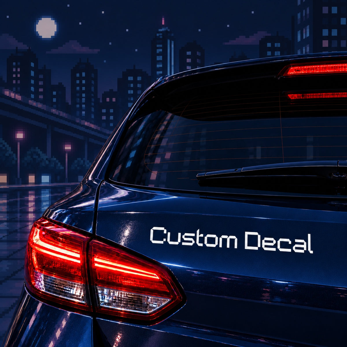 White Custom Decal lettering in an angular digital style applied to the rear of a navy car against a pixel art skyline.