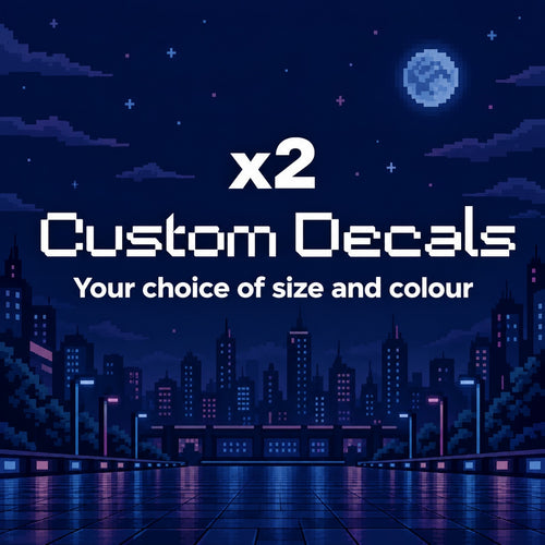 White retro digital lettering reading x2 Custom Decals, your choice of size and colour, against a pixel art city skyline.