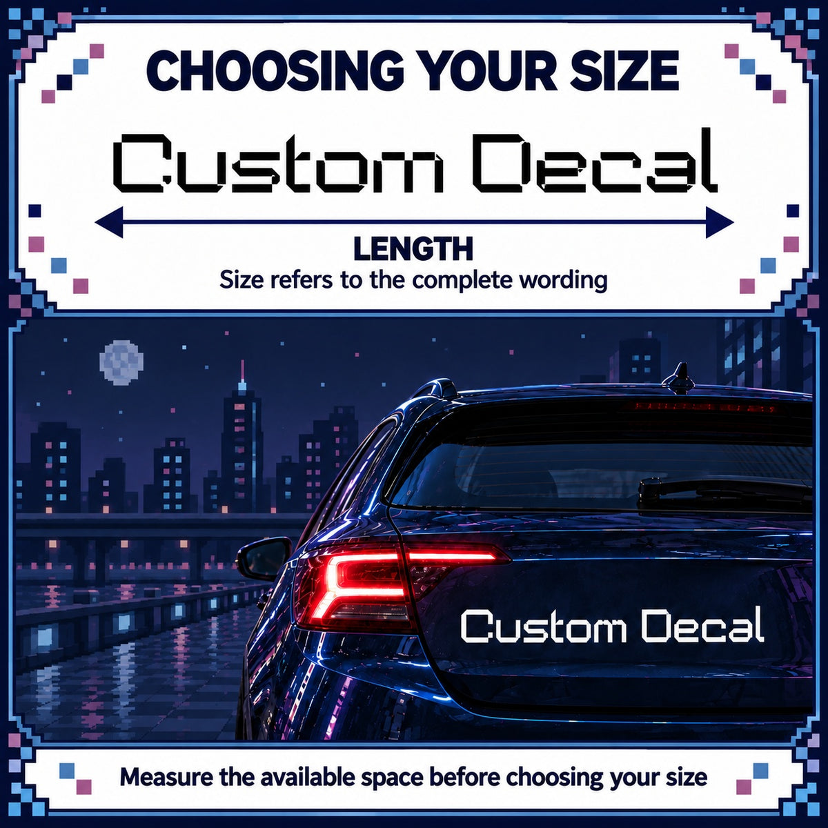 Retro custom decal size guide showing the overall length of the complete wording and white lettering on a navy car.