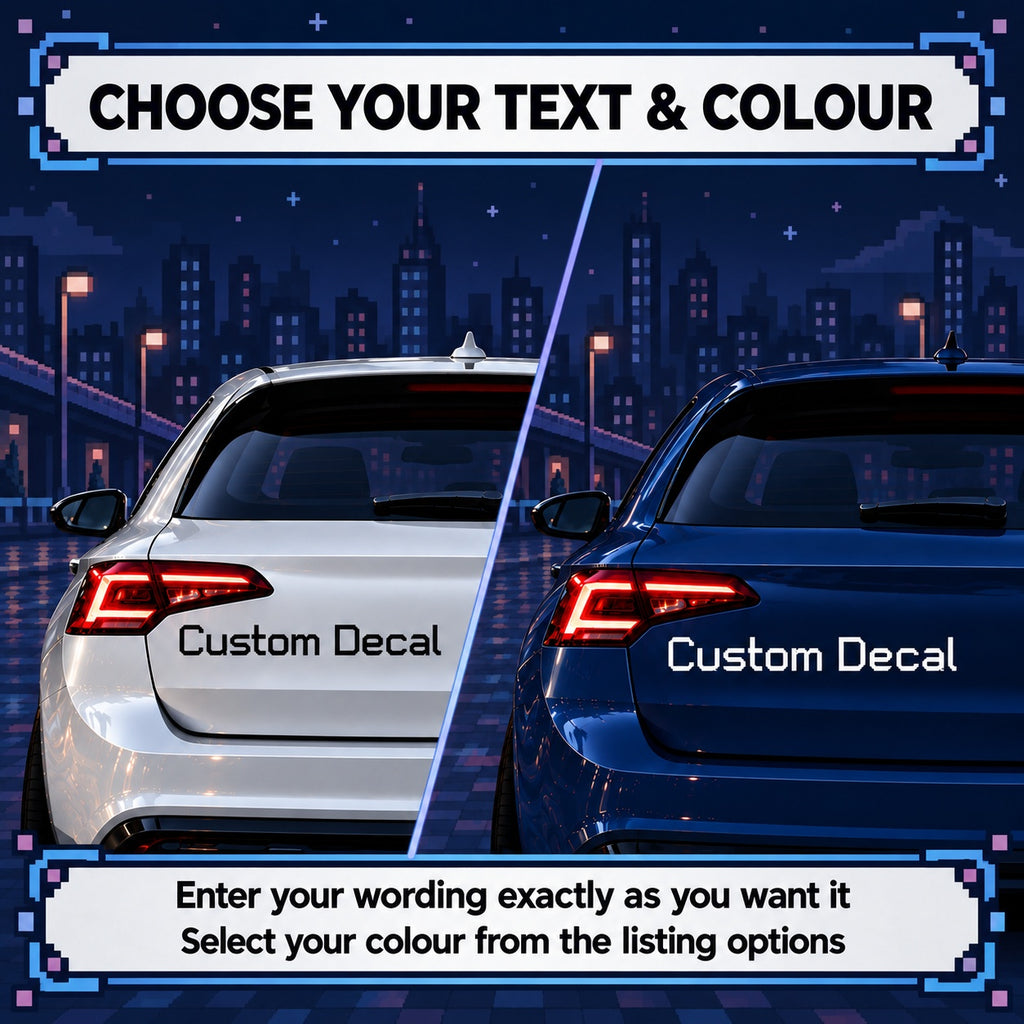 Black digital style lettering on a silver car and white lettering on a navy car, illustrating wording and colour choices.