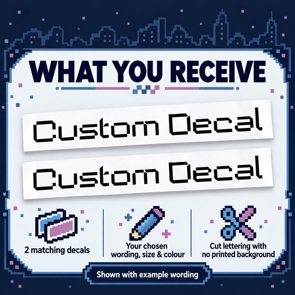 Two matching retro digital text decals on backing sheets, made in your chosen wording, size and colour with no printed background.
