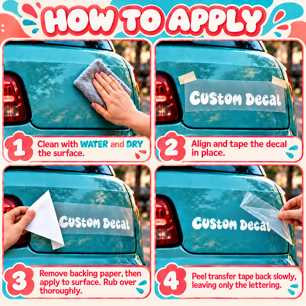 Four-step vinyl decal fitting guide showing cleaning, alignment, removal of backing paper and peeling transfer tape back.