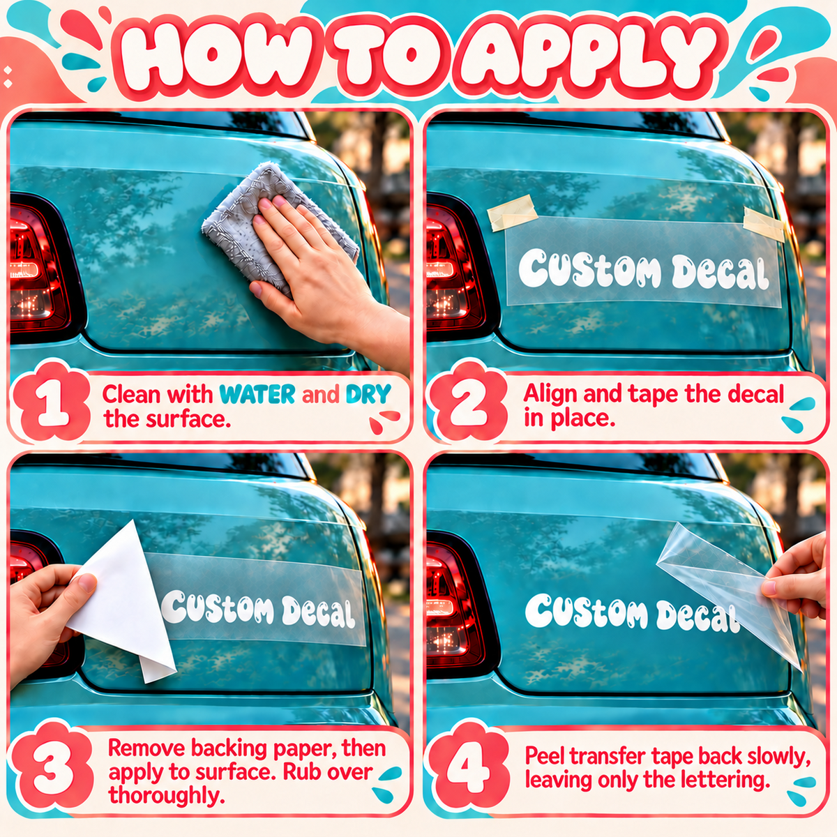 Four-step vinyl decal fitting guide showing cleaning, alignment, removal of backing paper and peeling transfer tape back.