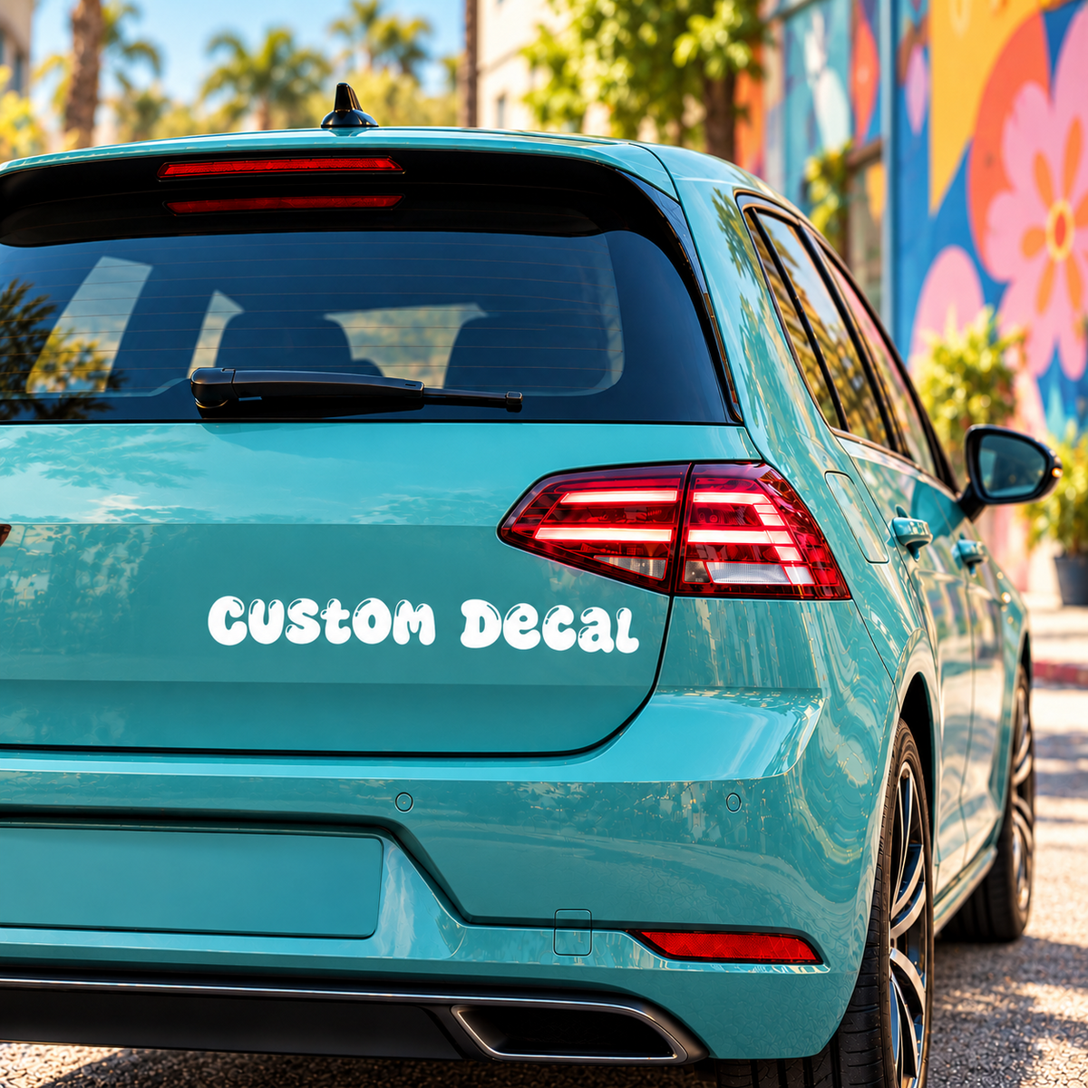 White Custom Decal bubble lettering applied to the rear bodywork of a pastel teal hatchback.