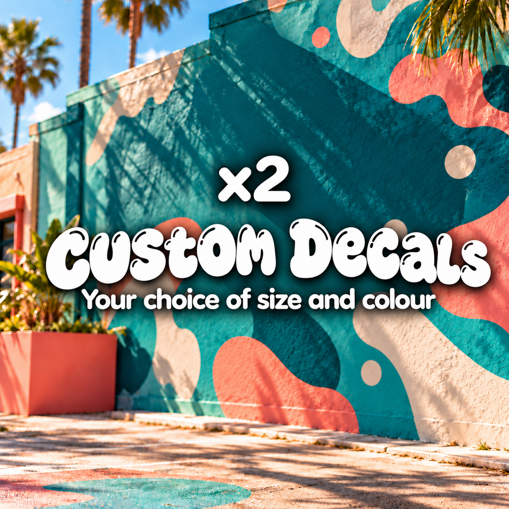 White bubble lettering advertising two custom decals in your choice of size and colour against a tropical mural.