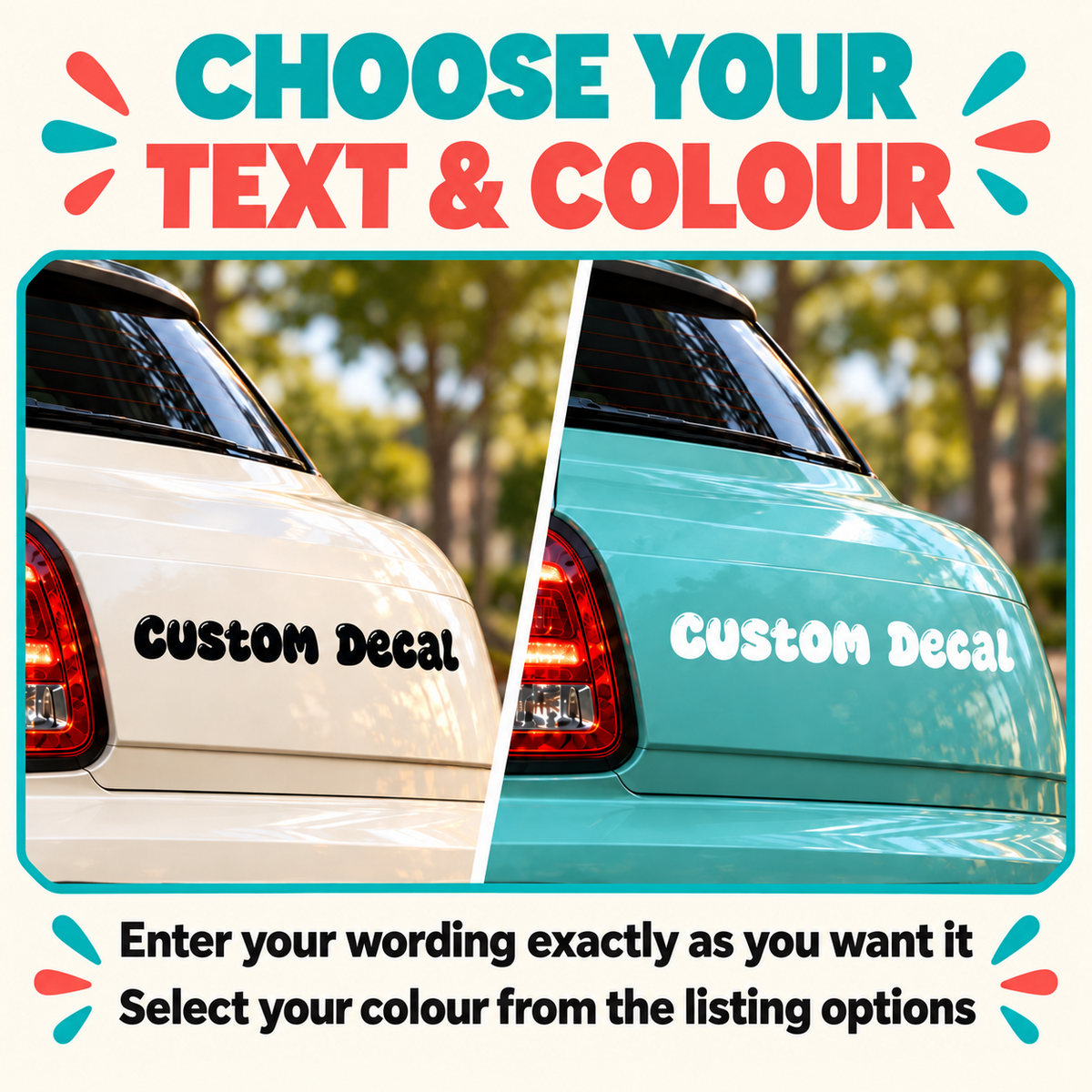 Black bubble lettering on a cream car and white lettering on a teal car illustrating text and colour choices.