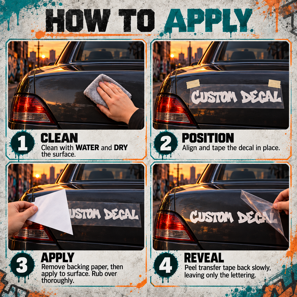 Four-step graffiti vinyl decal fitting guide showing cleaning, alignment, removing backing paper and peeling transfer tape.