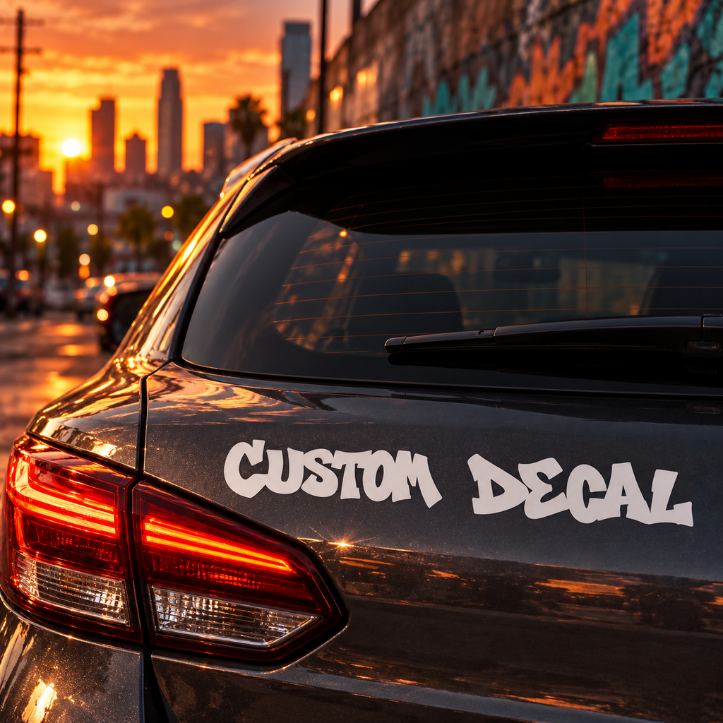 White Custom Decal graffiti lettering applied to the rear bodywork of a dark hatchback in an urban setting.