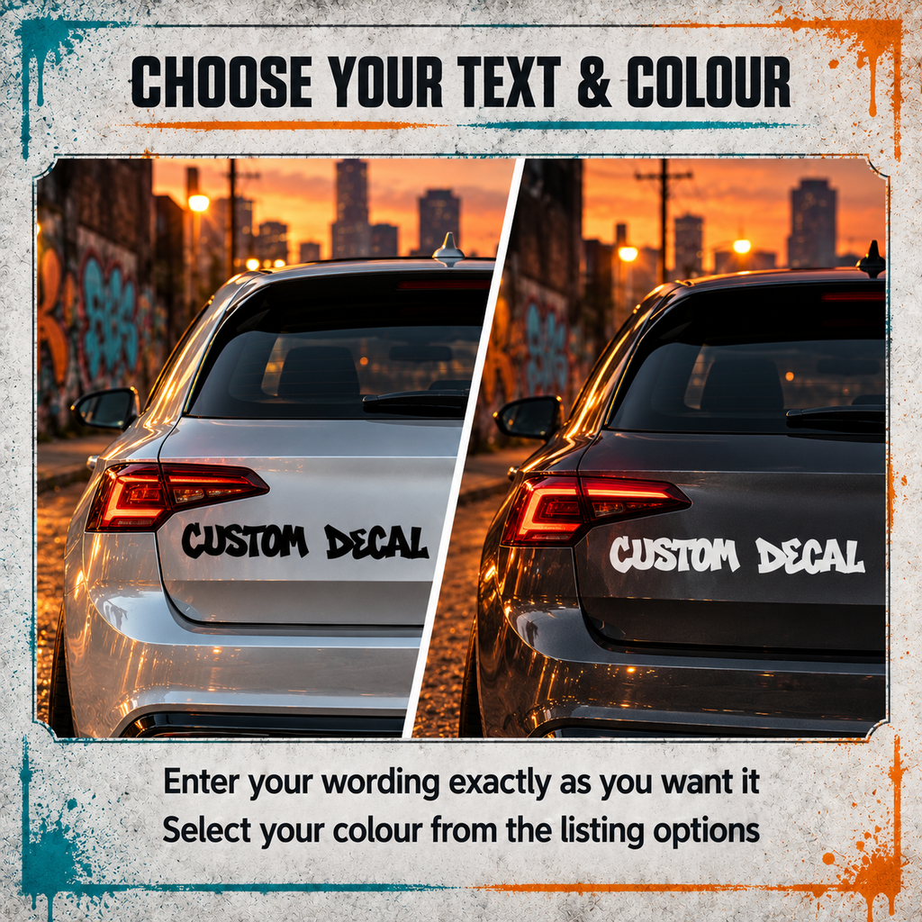 Black graffiti lettering on a silver car and white lettering on a dark car illustrating custom text and colour choices.