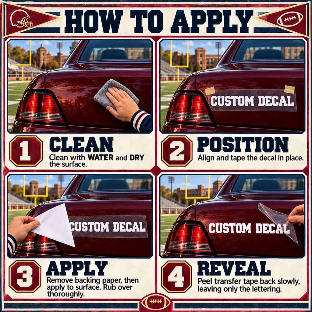 Four-step varsity decal fitting guide showing cleaning, alignment, removing backing paper and peeling transfer tape back.