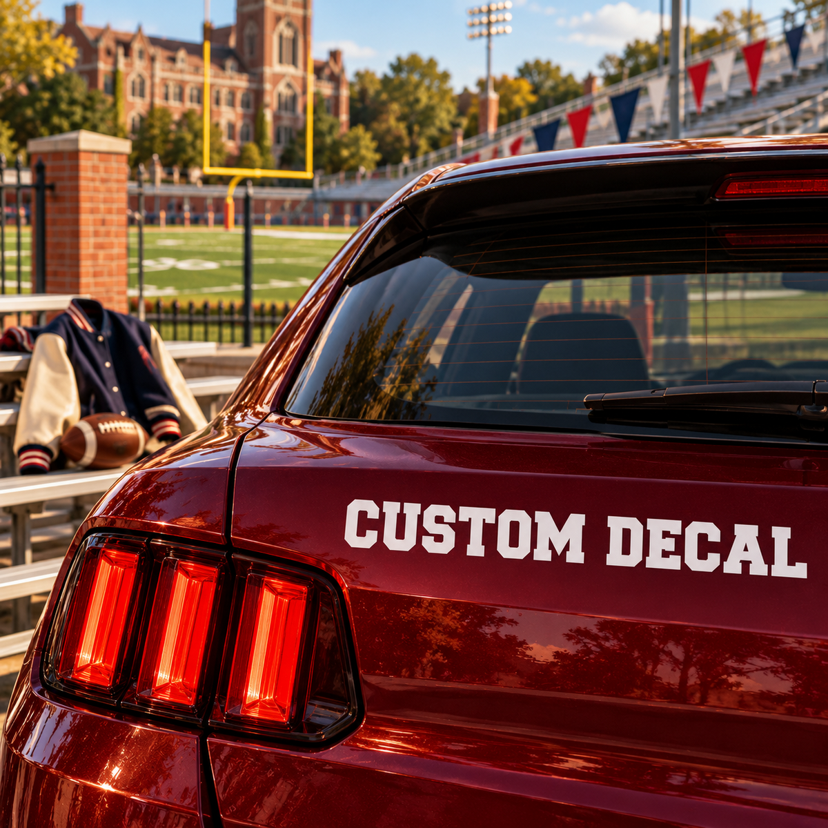 White Custom Decal varsity block lettering applied to the rear bodywork of a burgundy car beside a football stadium.