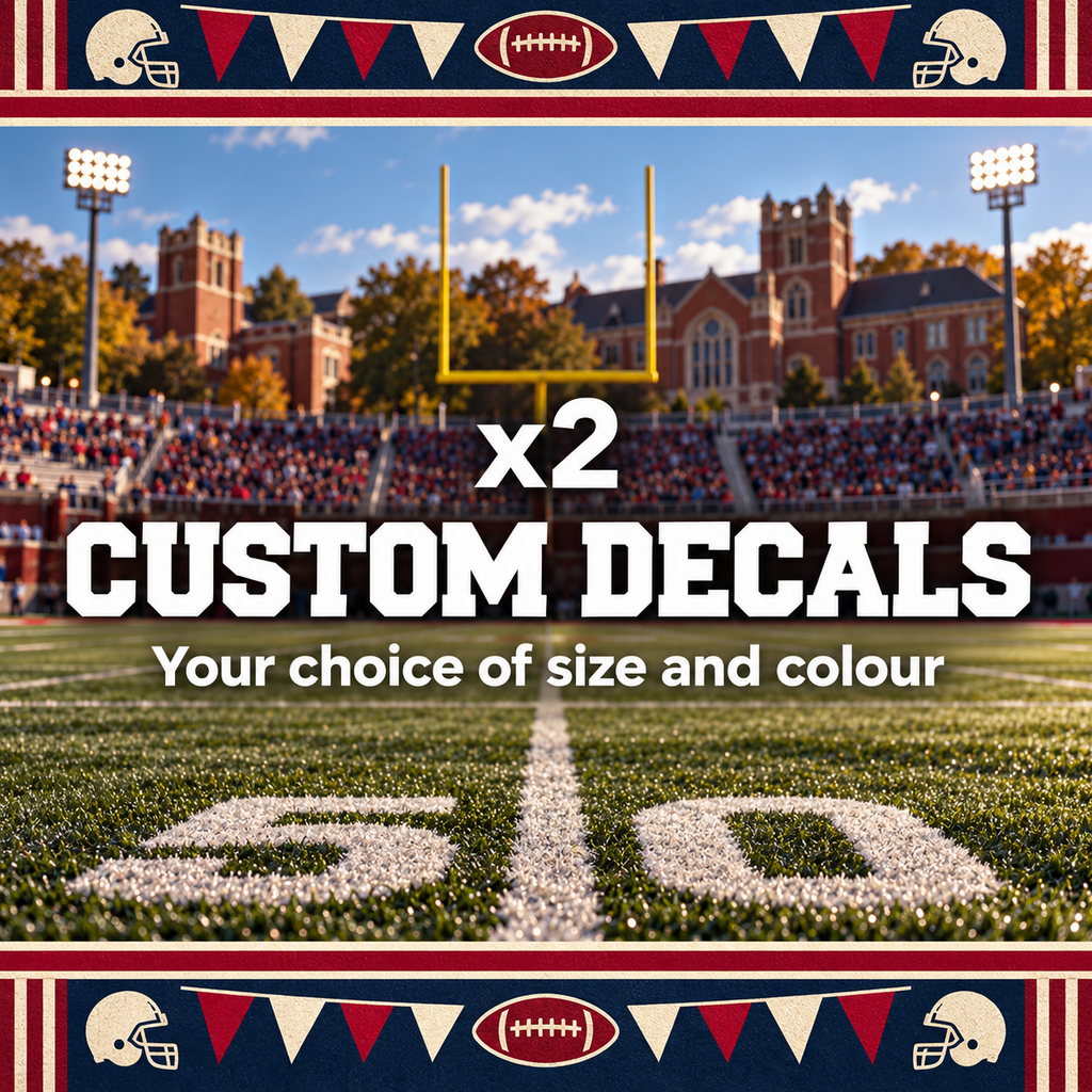 White varsity lettering advertising two custom decals in your choice of size and colour at an American football stadium.