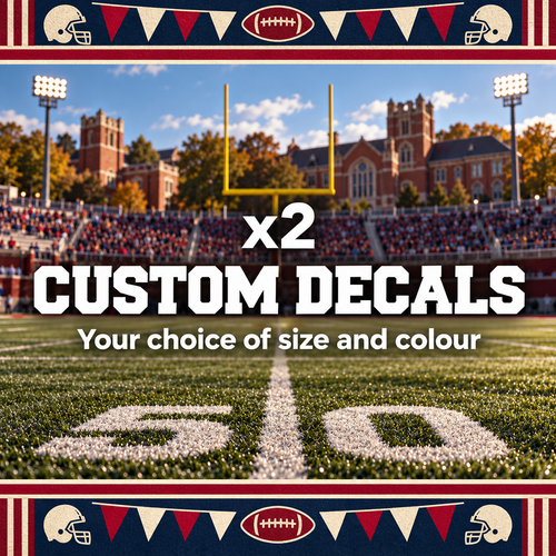 White varsity lettering advertising two custom decals in your choice of size and colour at an American football stadium.