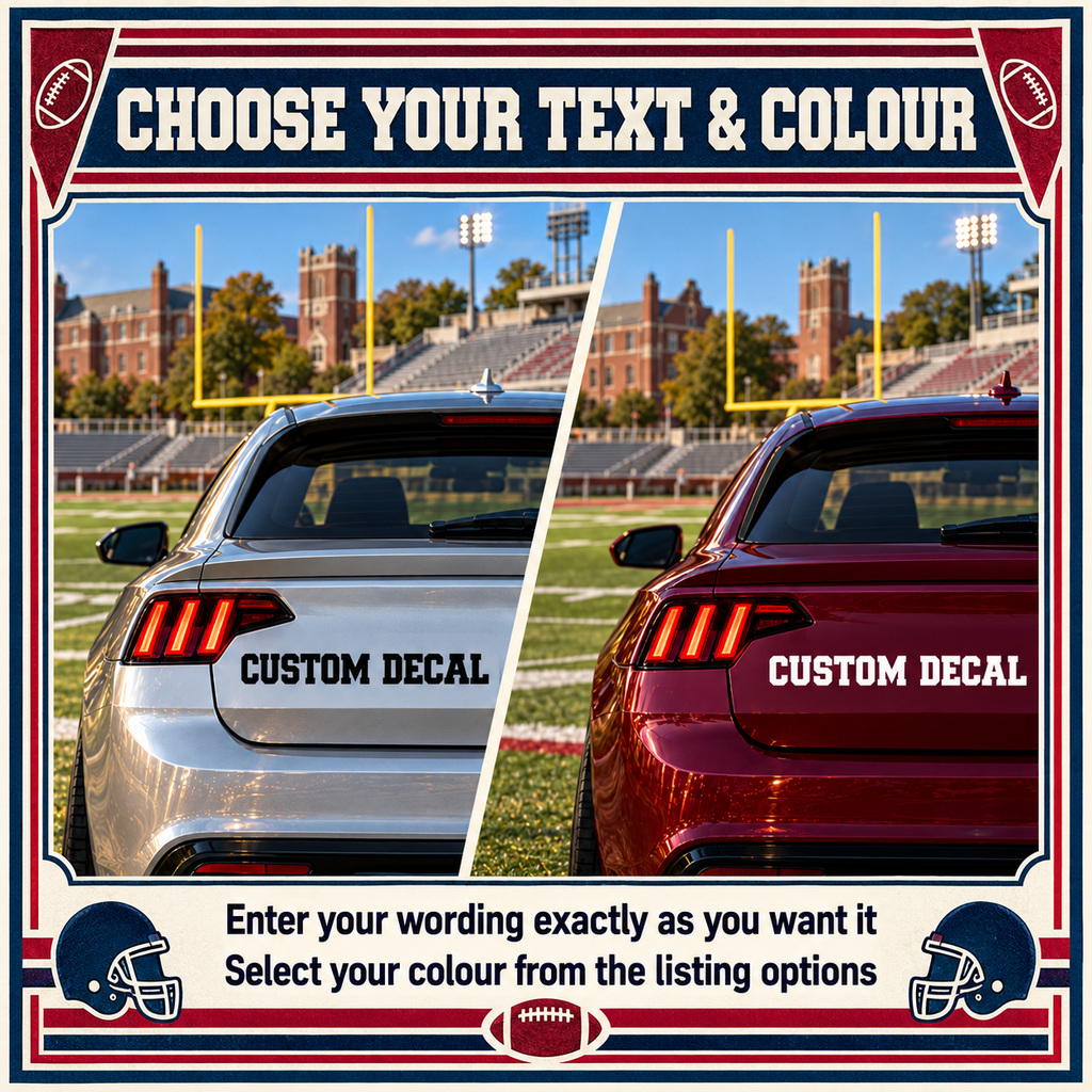 Black varsity lettering on a silver car and white lettering on a burgundy car illustrating custom text and colour choices.