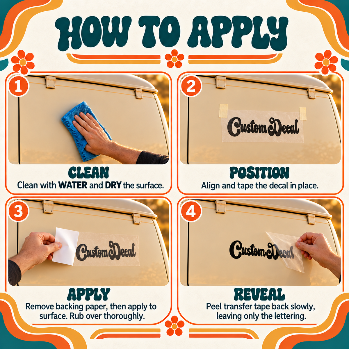 Four-step retro script decal fitting guide showing cleaning, positioning, removing backing paper and peeling application tape back.
