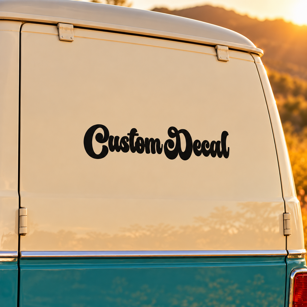 Black Custom Decal retro script lettering applied to the rear of a cream and teal campervan at sunset.