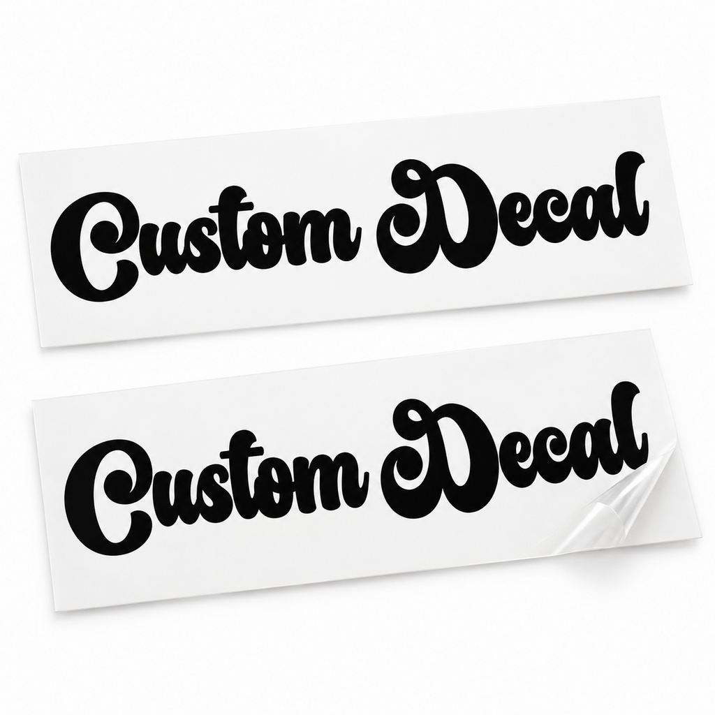 Two matching black Custom Decal vinyl stickers in flowing retro script lettering on backing sheets against white.