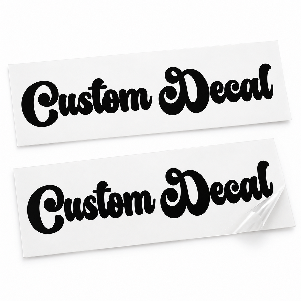 Two matching black Custom Decal vinyl stickers in flowing retro script lettering on backing sheets against white.