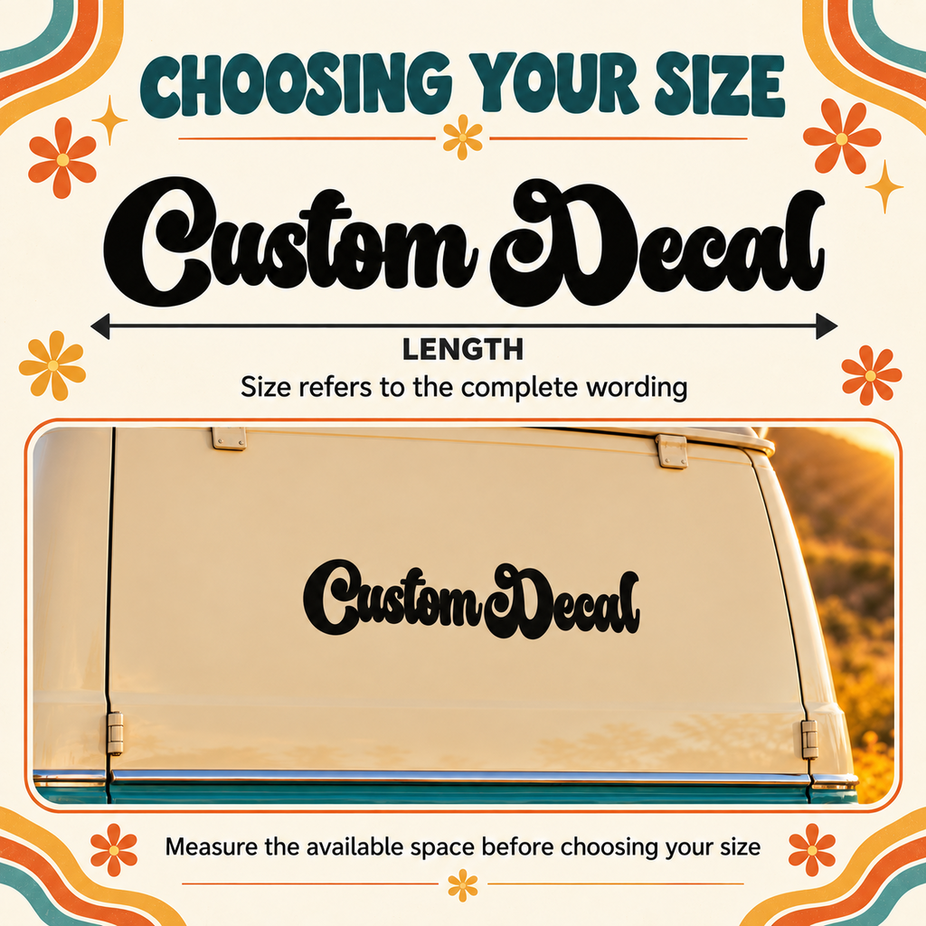 Retro script decal size guide showing the complete wording length with a dimension arrow and a campervan example.