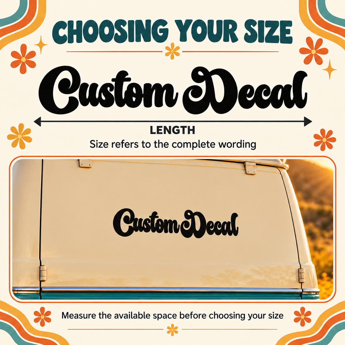 Retro script decal size guide showing the complete wording length with a dimension arrow and a campervan example.