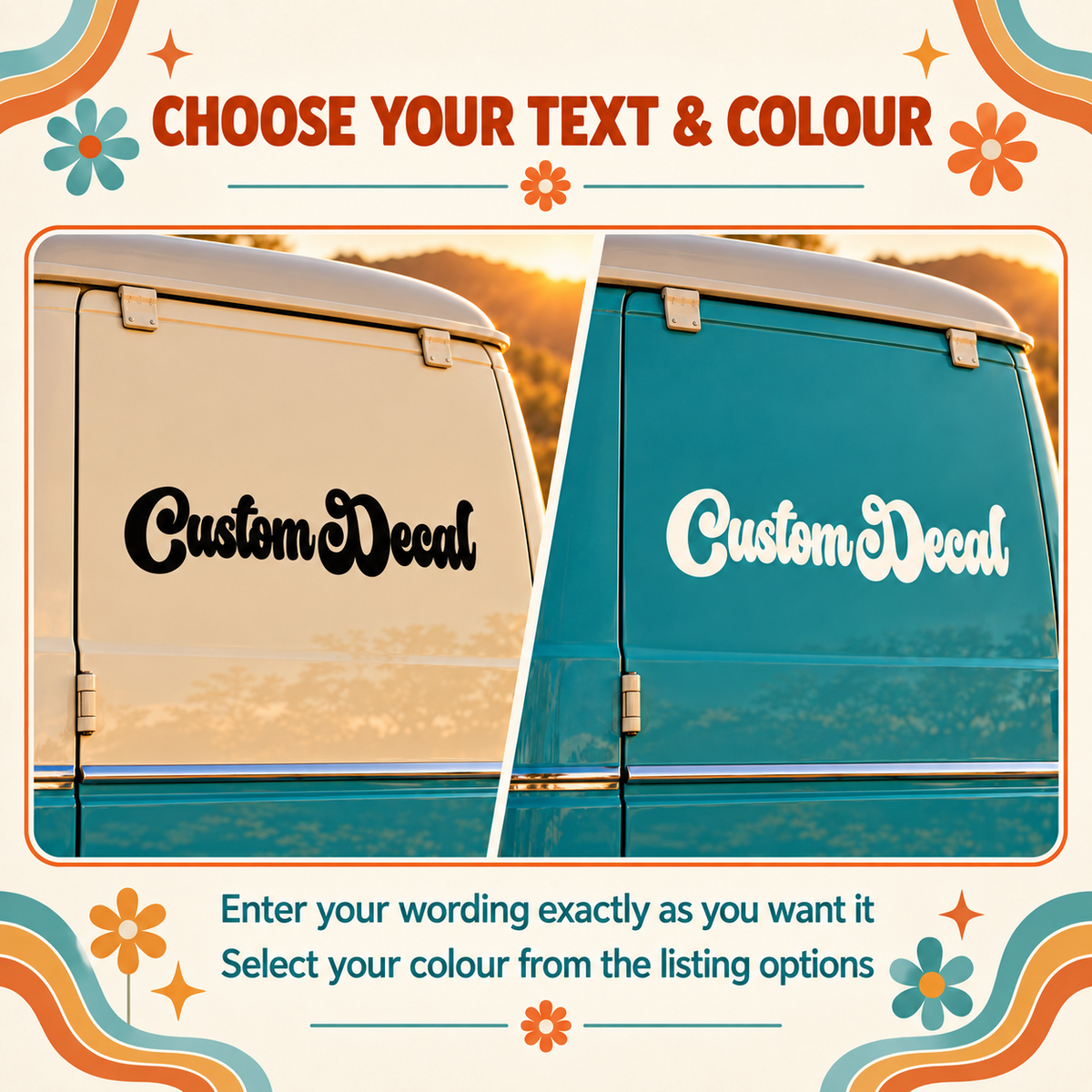 Black retro script lettering on a cream campervan and white lettering on a teal campervan illustrating custom text and colour choices.