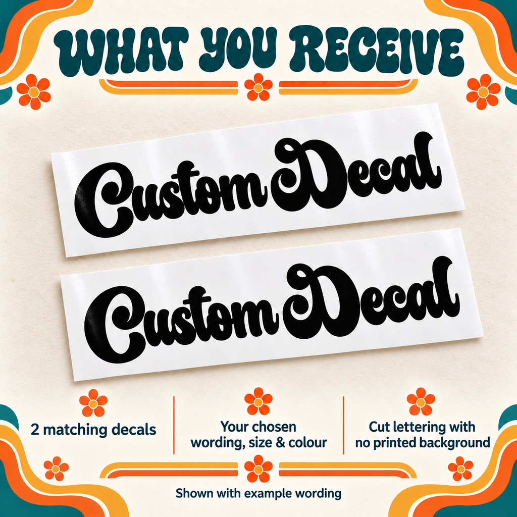 Two matching black retro script vinyl decals on backing sheets, showing what you receive with no printed background.