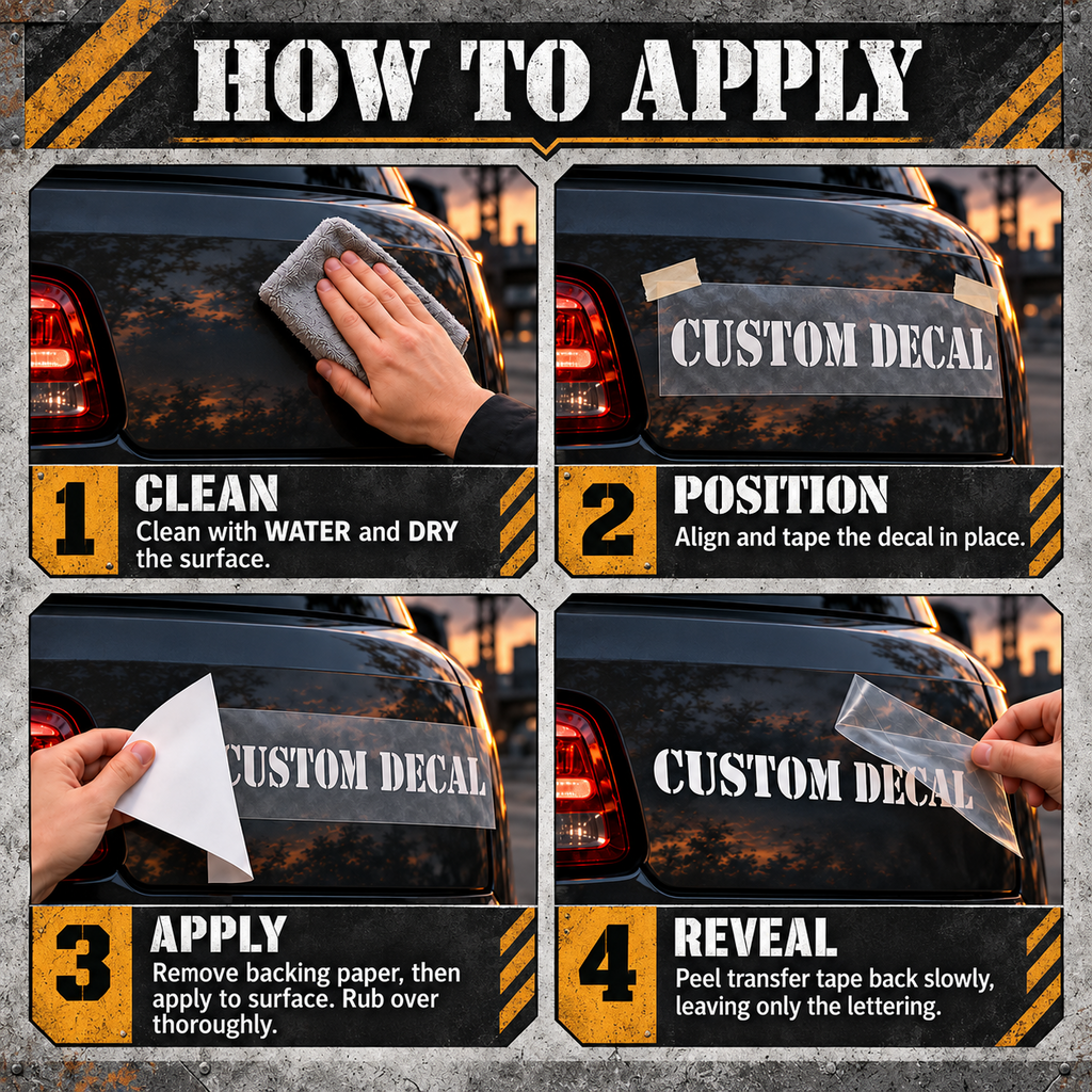 Four-step stencil decal application guide showing cleaning, positioning, removing the backing paper and peeling transfer tape back.