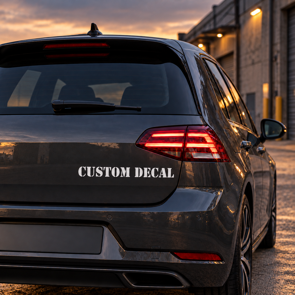 White Custom Decal stencil lettering fitted to the rear bodywork of a dark grey hatchback beside industrial buildings.