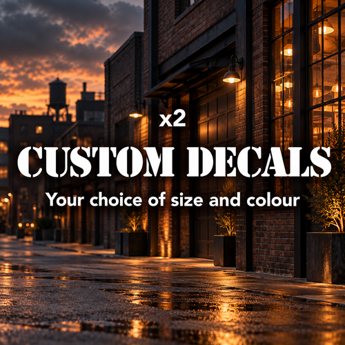 White stencil lettering advertising two custom decals in your choice of size and colour over an industrial street at sunset.