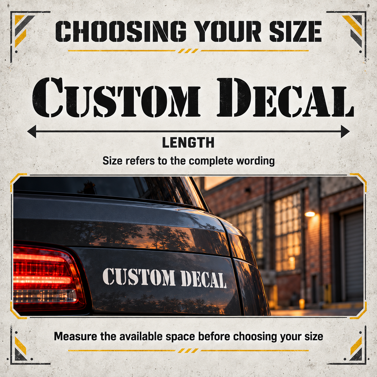 Stencil decal size guide showing the complete wording length with a dimension arrow and a white decal on a dark grey car.