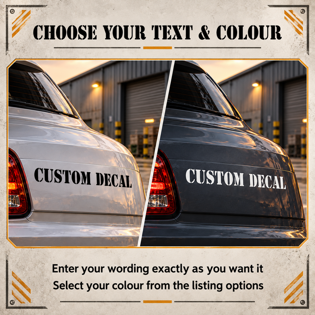 Black stencil lettering on a silver car and white stencil lettering on a dark grey car showing custom text and colour choices.