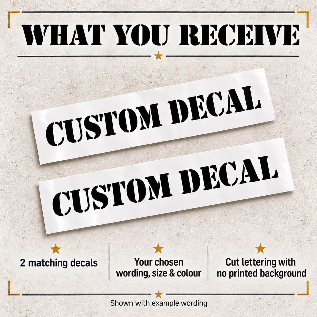 Two matching black stencil vinyl decals on backing sheets in your chosen wording, size and colour with no printed background.