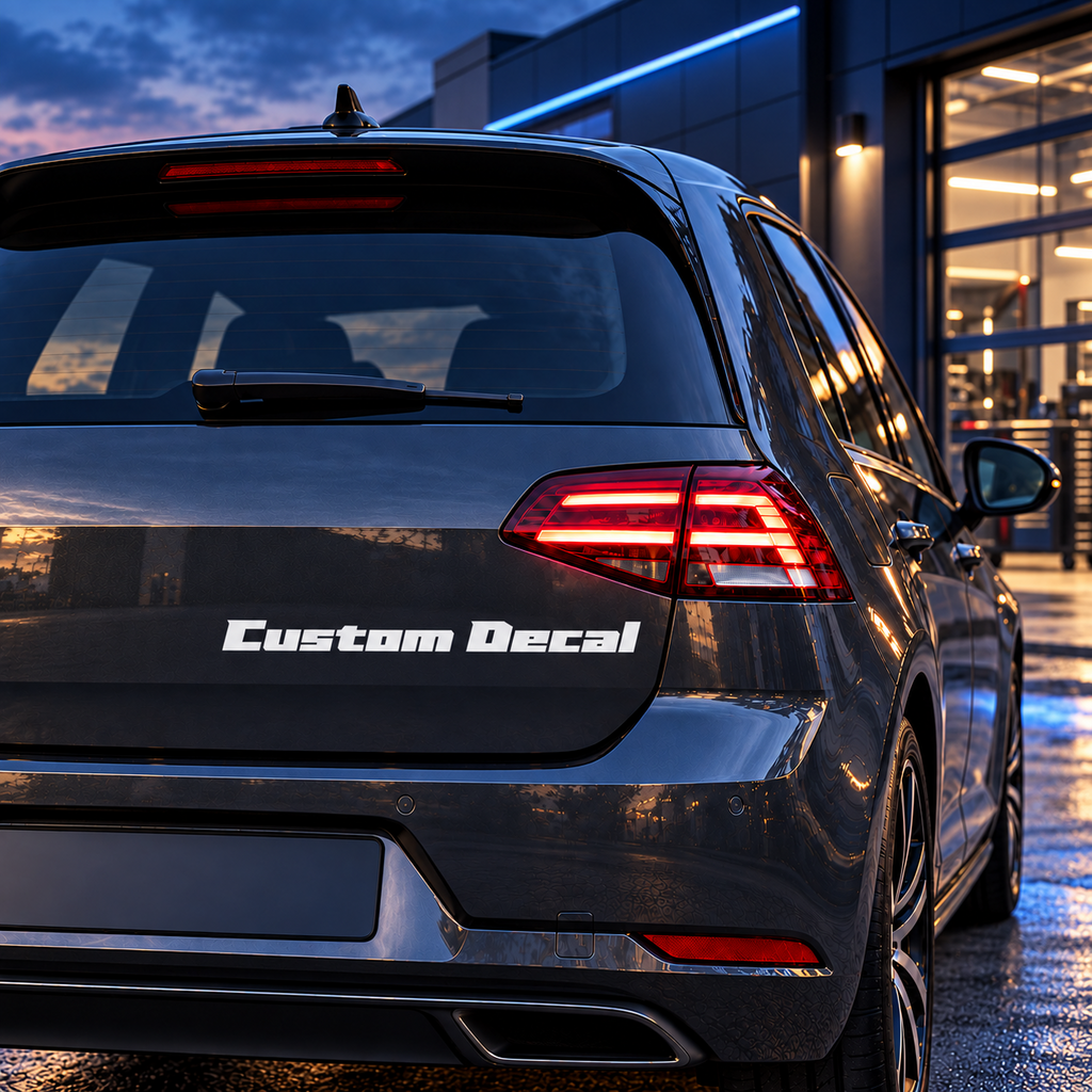 White Custom Decal vinyl lettering in a bold slanted style fitted to a dark grey hatchback outside a modern garage.